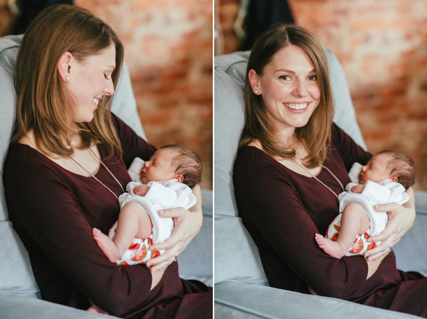 Philadelphia mother holding her newborn girl during at home newborn session 