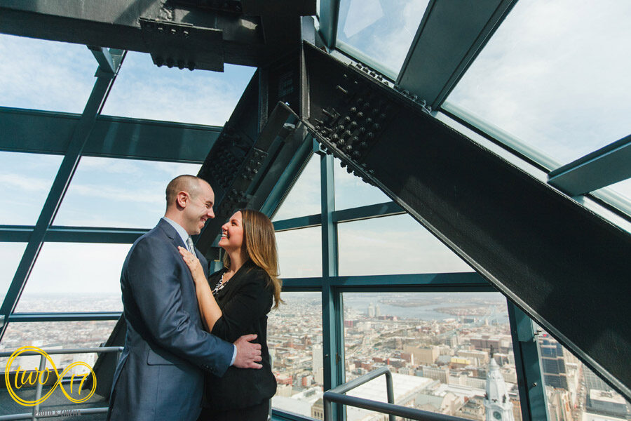 engagement photos at One Liberty Observation Deck in Philadelphia 