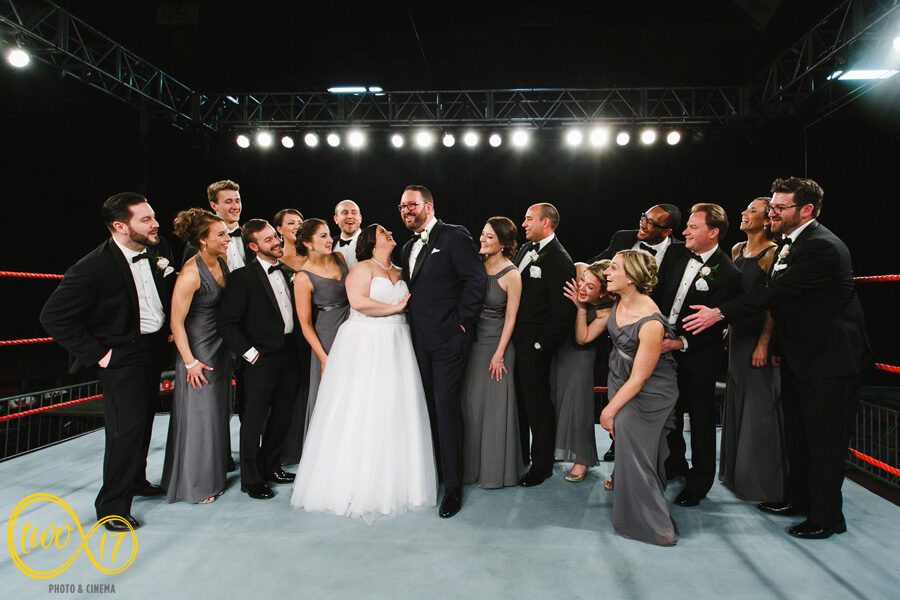 wedding party portrait in a wrestling ring at the 2300 arena in South Philadelphia 
