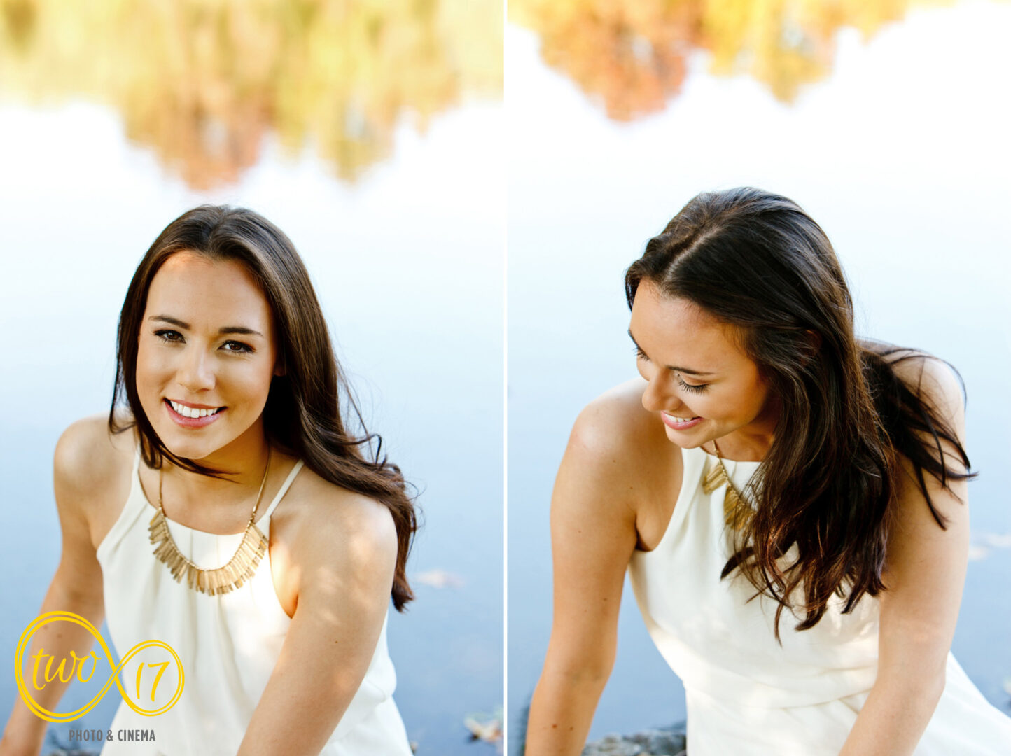 portrait of a woman by the water during her fall engagement session at Bellevue State Park. 