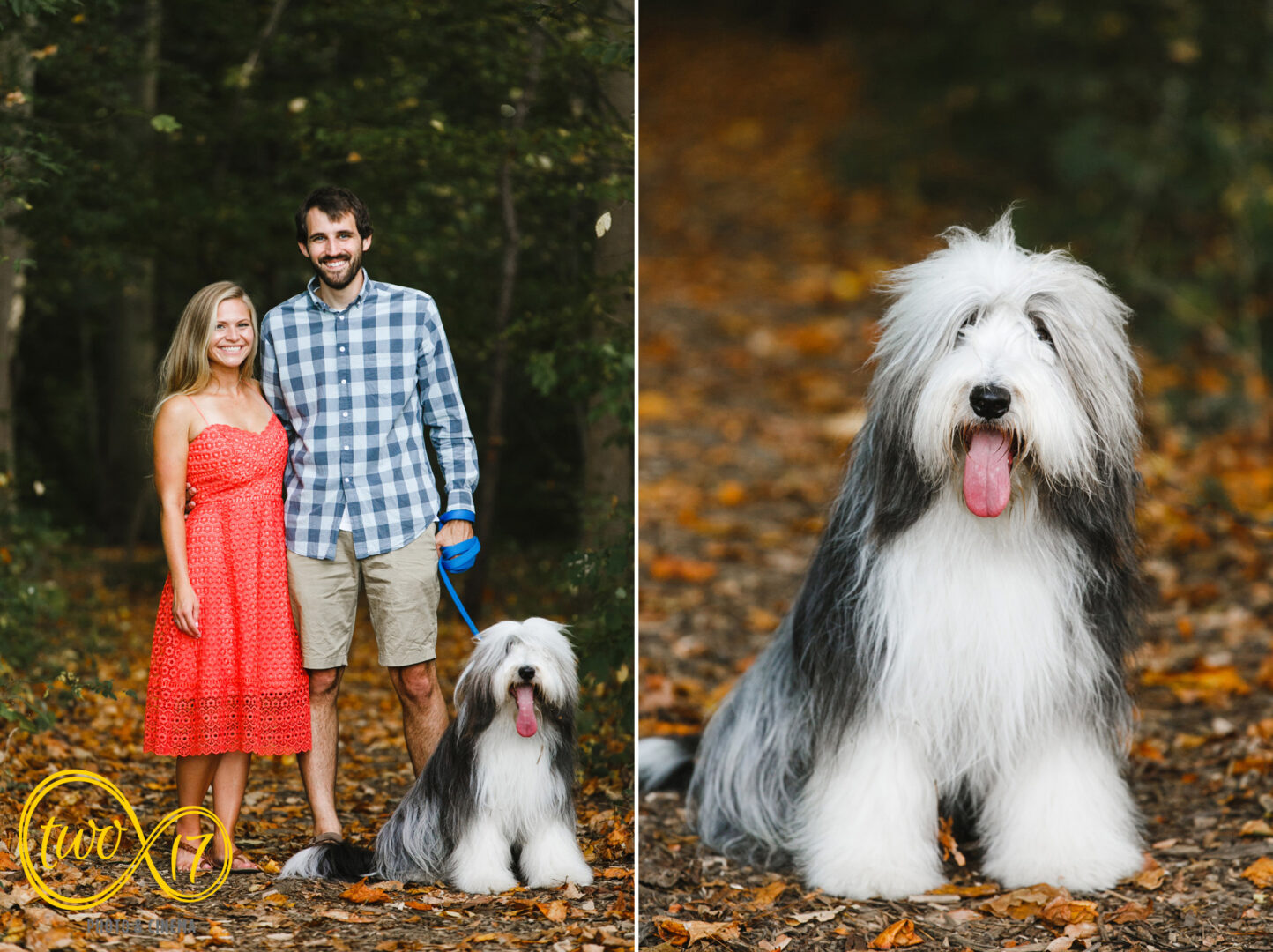 New Jersey engagement photos at Historic Smithville Park with their dog. 