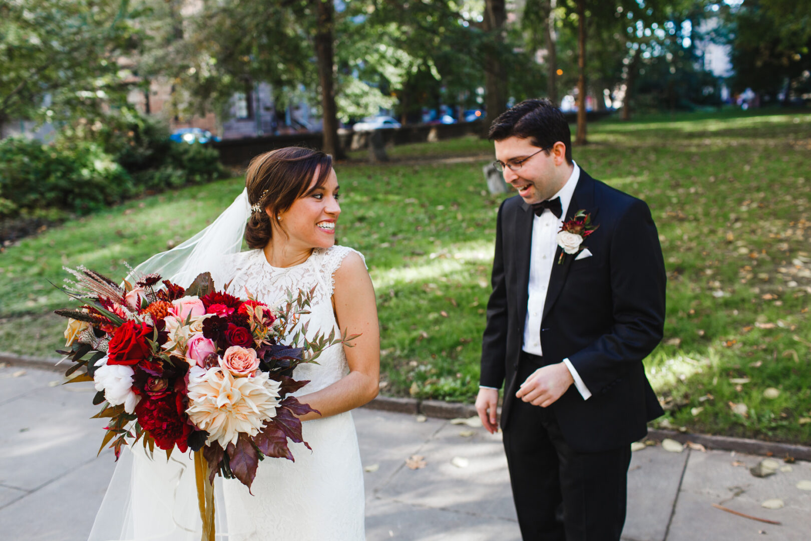 Philadelphia bride & groom's first look during their Fall wedding. 