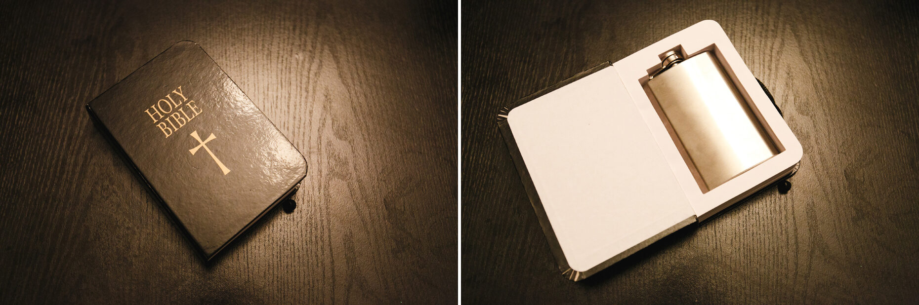 At a lavish Ballroom at the Ben wedding, a Bible with a hidden compartment discreetly reveals a metal flask inside.