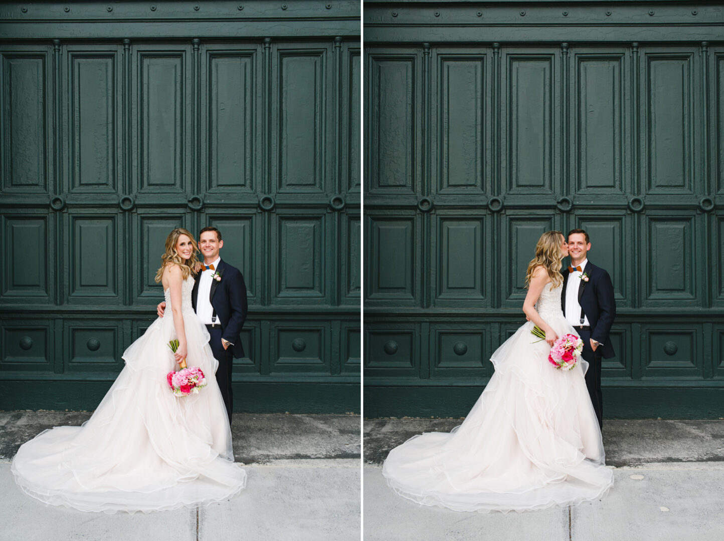 Bride in a white gown holding a pink bouquet stands with groom in a dark suit and white bow tie, posing elegantly in front of the large green-paneled doors of the Please Touch Museum.
