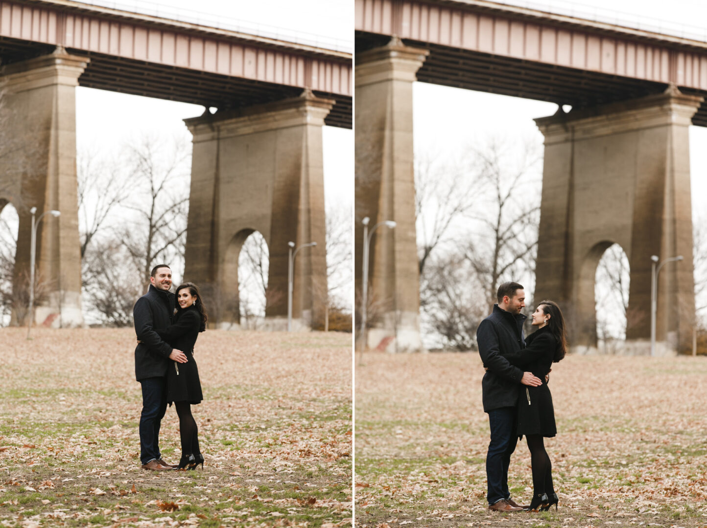 Two images capture a couple during an NYC engagement session, standing on grass beneath a tall bridge. Embracing and gazing into each other's eyes, they are framed by trees and an overcast sky in the background.