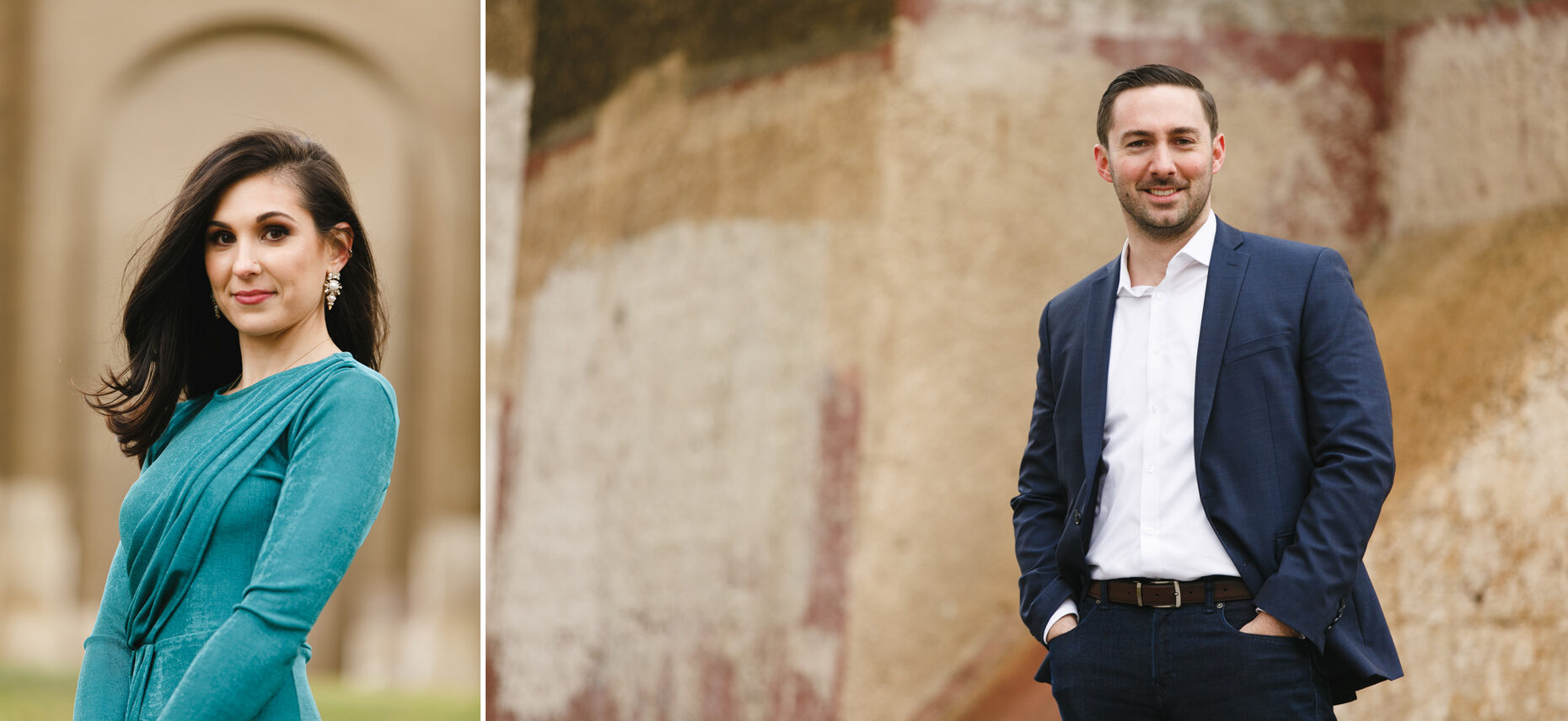 A woman in a teal dress stands outdoors during an NYC engagement session, while a man in a suit poses confidently against a textured wall. Both are looking towards the camera with joyful anticipation.