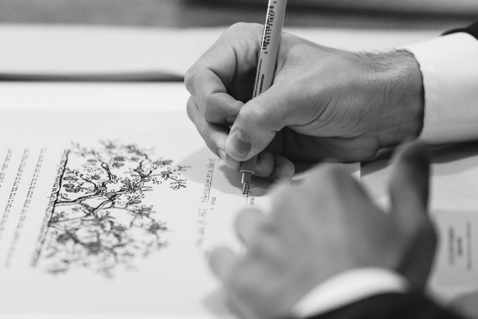 In a classic black and white photo, a person elegantly signs a document with a pen, the paper graced by a detailed tree illustration. It captures the essence of nature, much like vows exchanged at an enchanting Horticultural Center wedding.