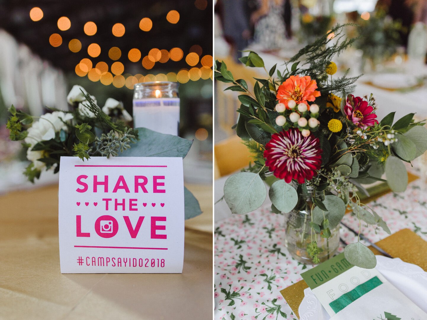 Left: A sign reading "Share the Love #CAMPSAY1002018" is displayed on a table adorned with flowers, setting a rustic camp-themed wedding vibe. Right: A colorful floral arrangement in a jar graces another table, complemented by a floral tablecloth.