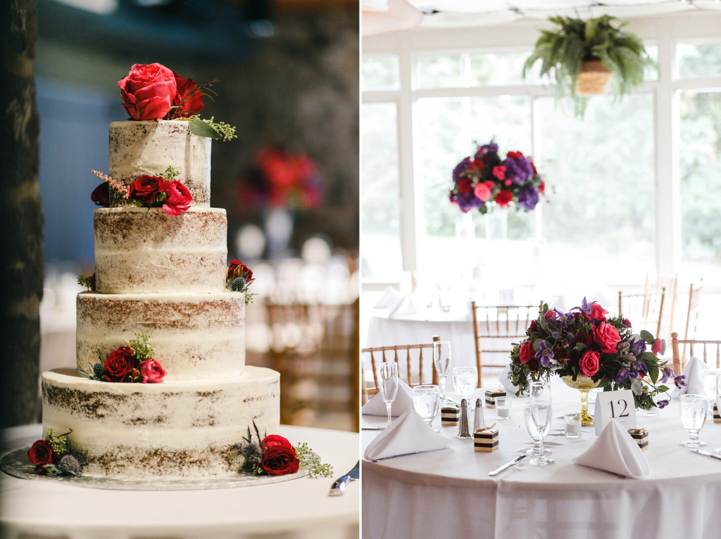 At the Rockwood Park Carriage House, a three-tiered cake with roses graces the left side; on the right, a dining table is adorned with floral centerpieces and elegant tableware.