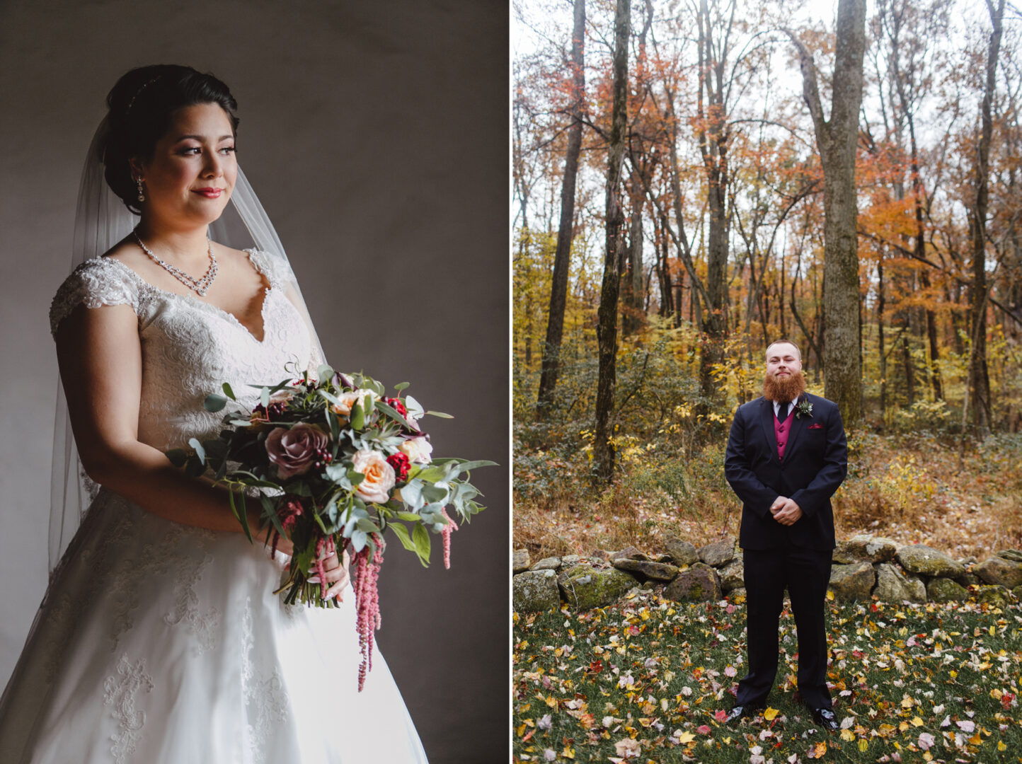 A bride holds a bouquet indoors on the left at Brandywine Manor House; a groom stands outdoors surrounded by autumn trees on the right.