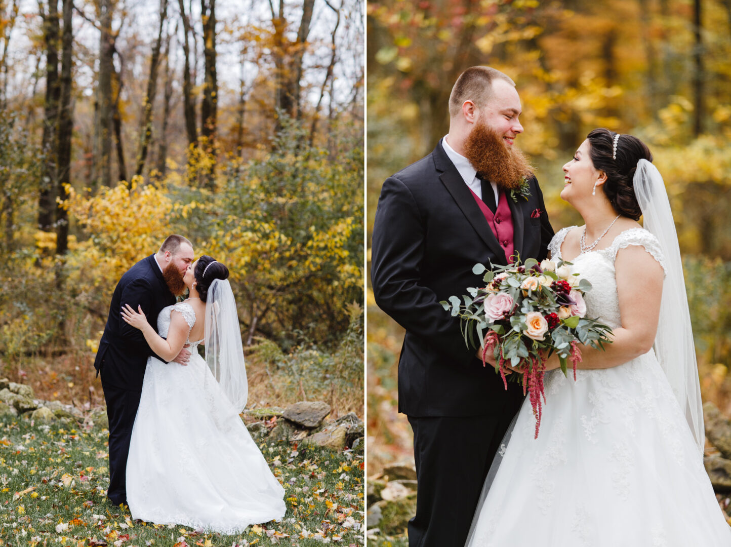 In a serene Brandywine Manor House wedding setting, a couple in elegant attire stands amidst the forest. The bride, clutching her bouquet beneath a delicate veil, and the groom, sporting a beard and red tie, are framed by a backdrop of vibrant autumn leaves.