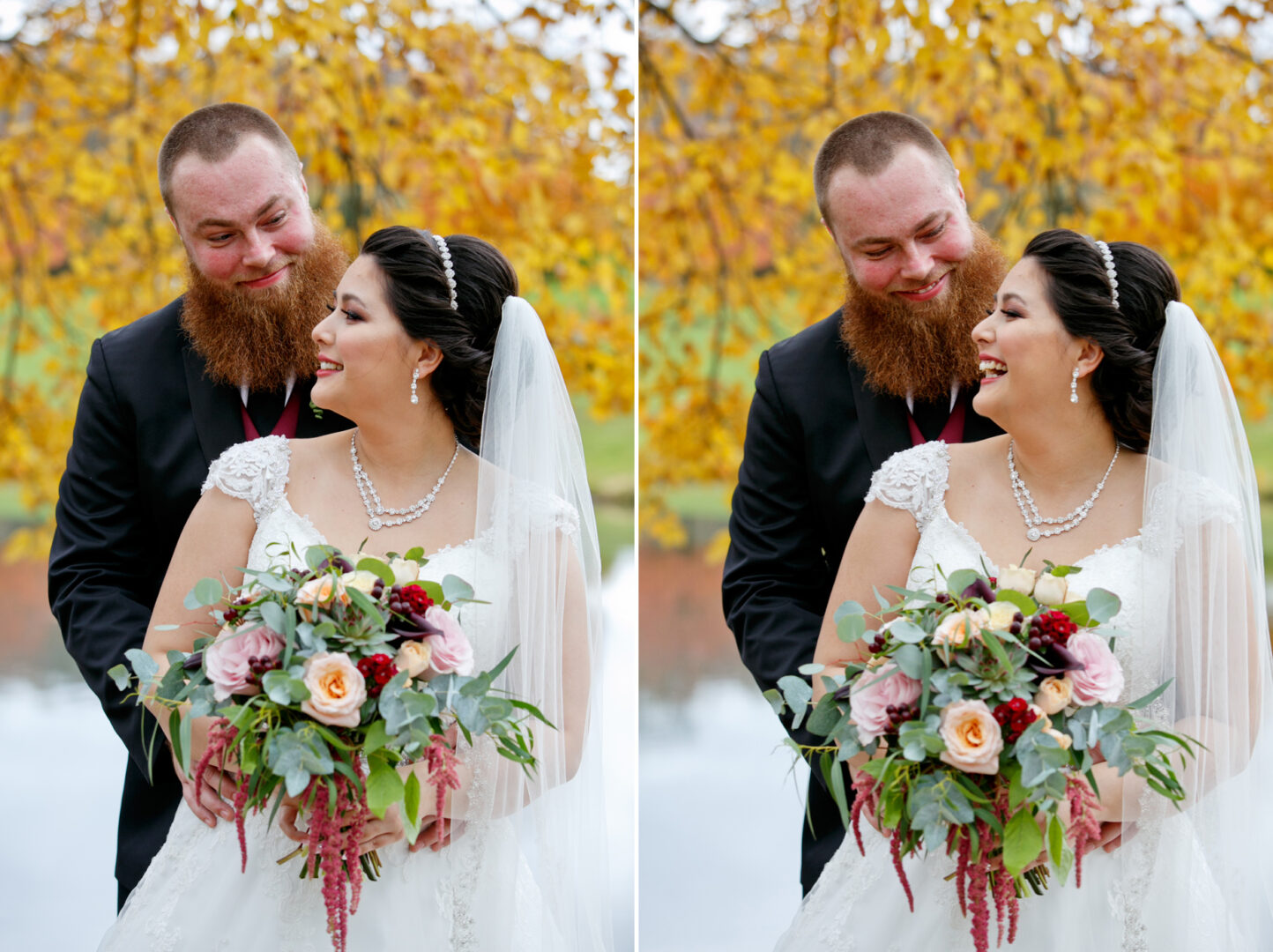 At a Brandywine Manor House wedding, the bride and groom smile at each other, holding a bouquet as autumn leaves create a vibrant backdrop.