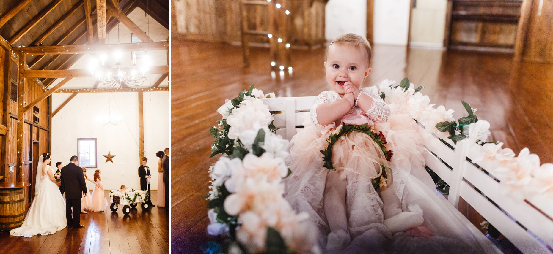 A baby in a decorated wagon steals the show at a Brandywine Manor House wedding ceremony in a charming wooden hall.