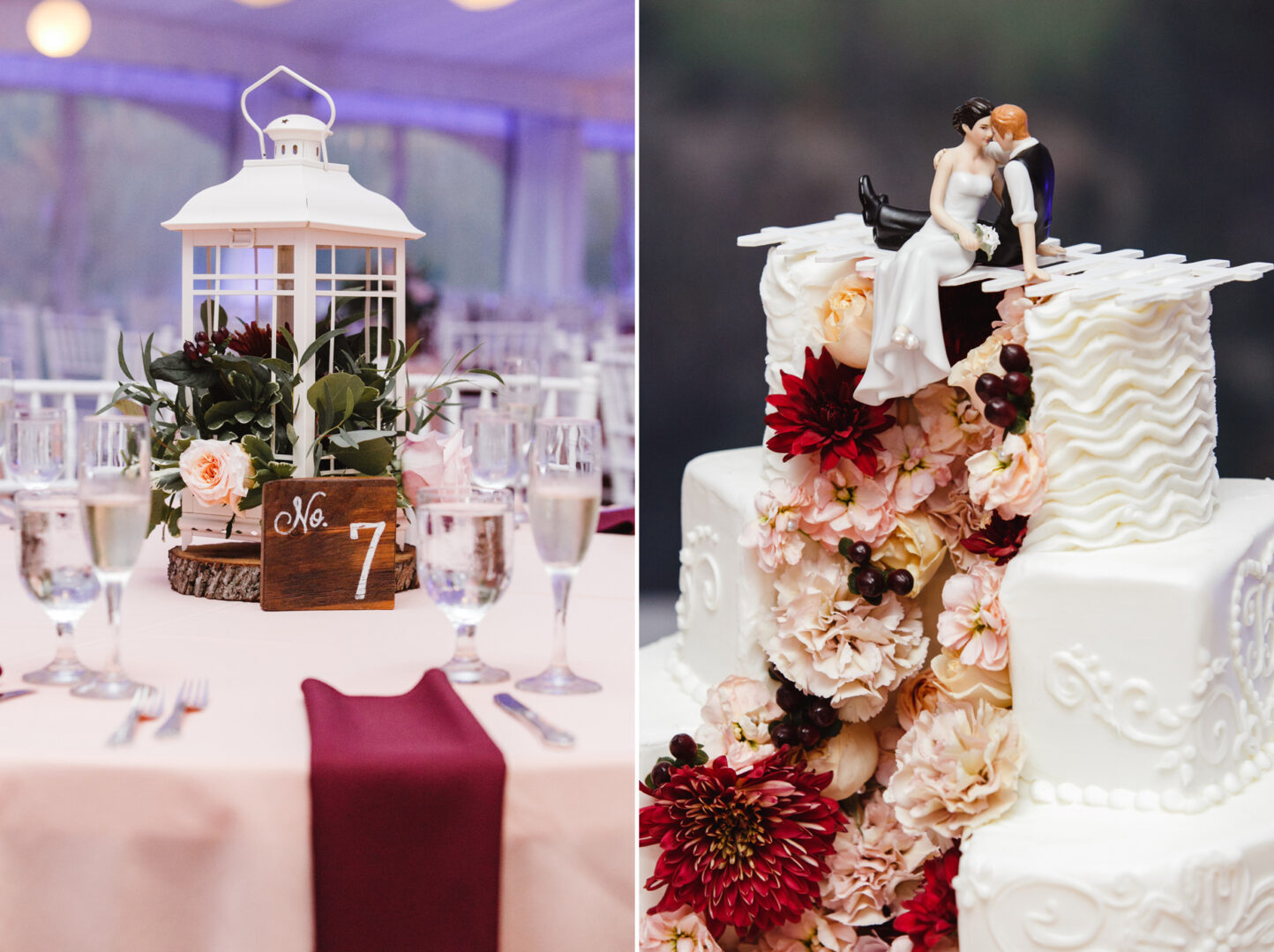 Left: Table centerpiece with a lantern and flowers next to a wooden table number, perfect for a Brandywine Manor House Wedding. Right: White tiered cake adorned with floral decorations and a romantic couple topper, completing the elegant scene.