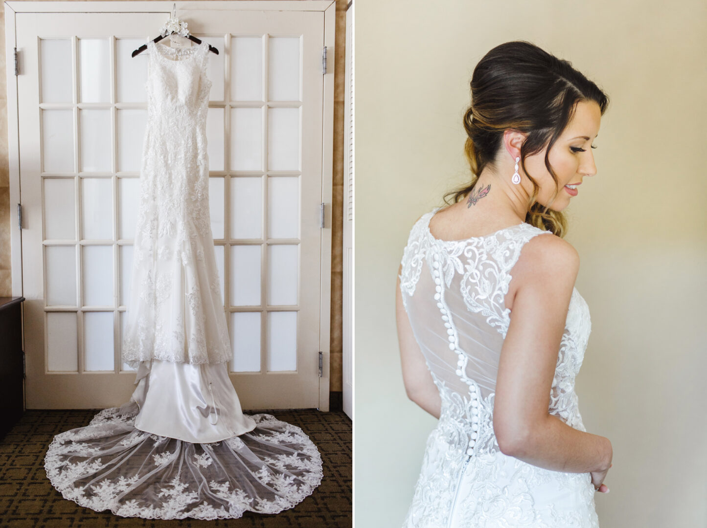 A lace wedding dress hangs elegantly on a hanger beside a bride adorned in the same gown, revealing its intricate lace details and long train, perfect for a Windsor Ballroom wedding.