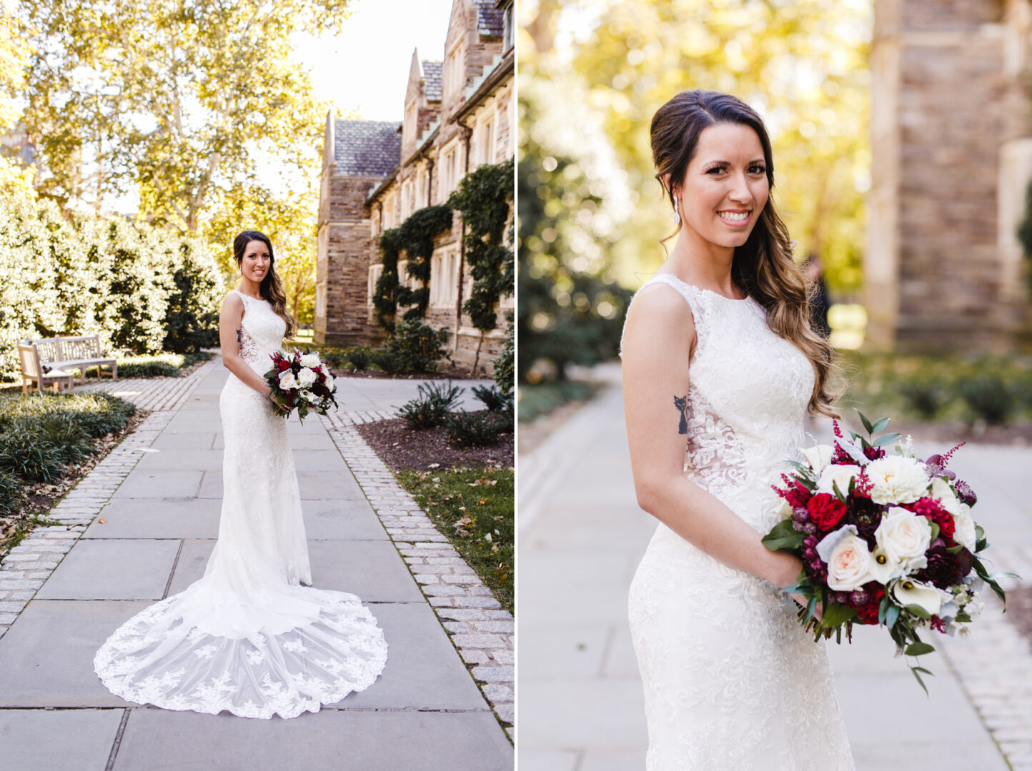 A bride in a white lace gown holds a bouquet of red and white flowers, standing on a stone pathway that leads to the elegant Windsor Ballroom, with trees and buildings forming a picturesque backdrop.