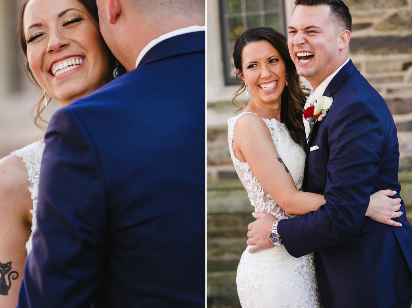 A couple in formal attire smiles and embraces outdoors, reminiscent of a scene from a Windsor Ballroom wedding. They are wearing a dark suit and a white lace dress, with stone steps and a building window framing their joyous moment.