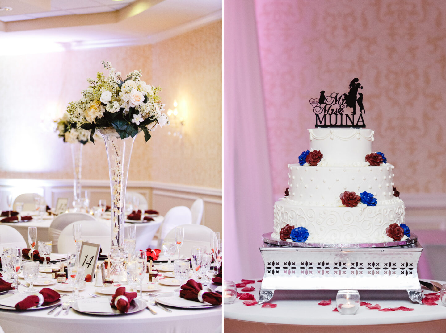 The Windsor Ballroom wedding reception setup showcases elegantly decorated tables with floral centerpieces and a stunning three-tiered cake, adorned with red and navy flowers, topped with a "Mr and Mrs Muina" silhouette.