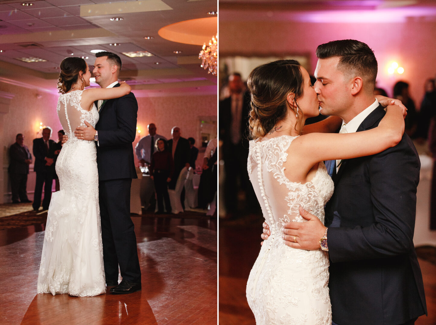 At the elegant Windsor Ballroom, a couple in formal attire shares a dance and a tender kiss amidst softly lit decor and guests mingling in the background.