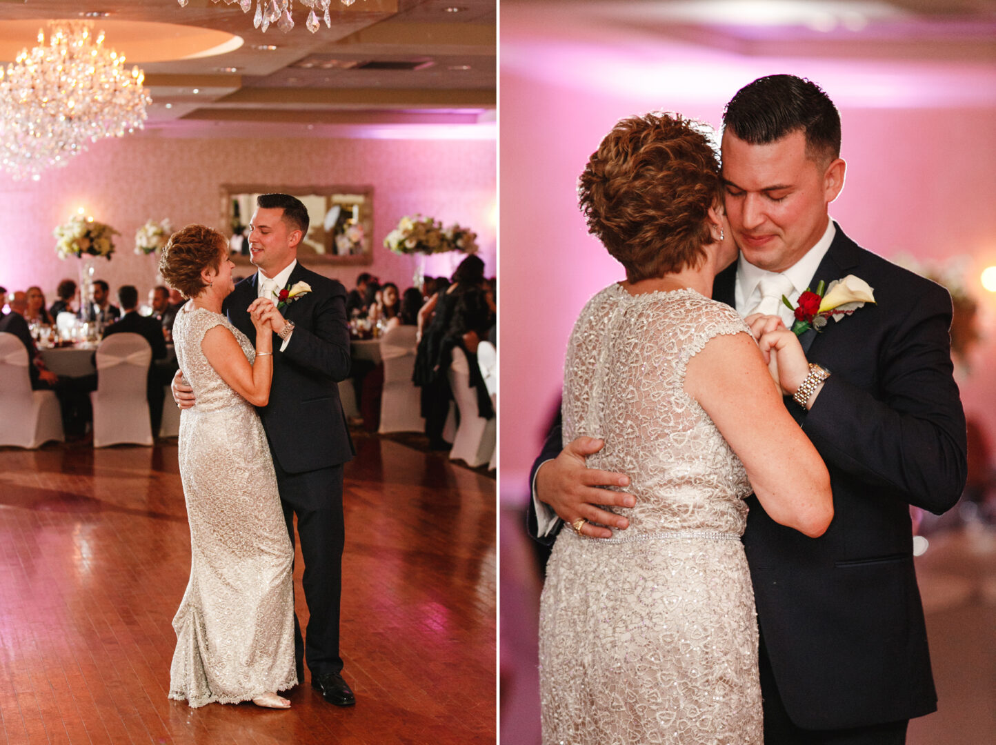 A groom and a woman in a lace dress share a dance at the Windsor Ballroom wedding reception, surrounded by elegant floral arrangements and the glow of a chandelier.