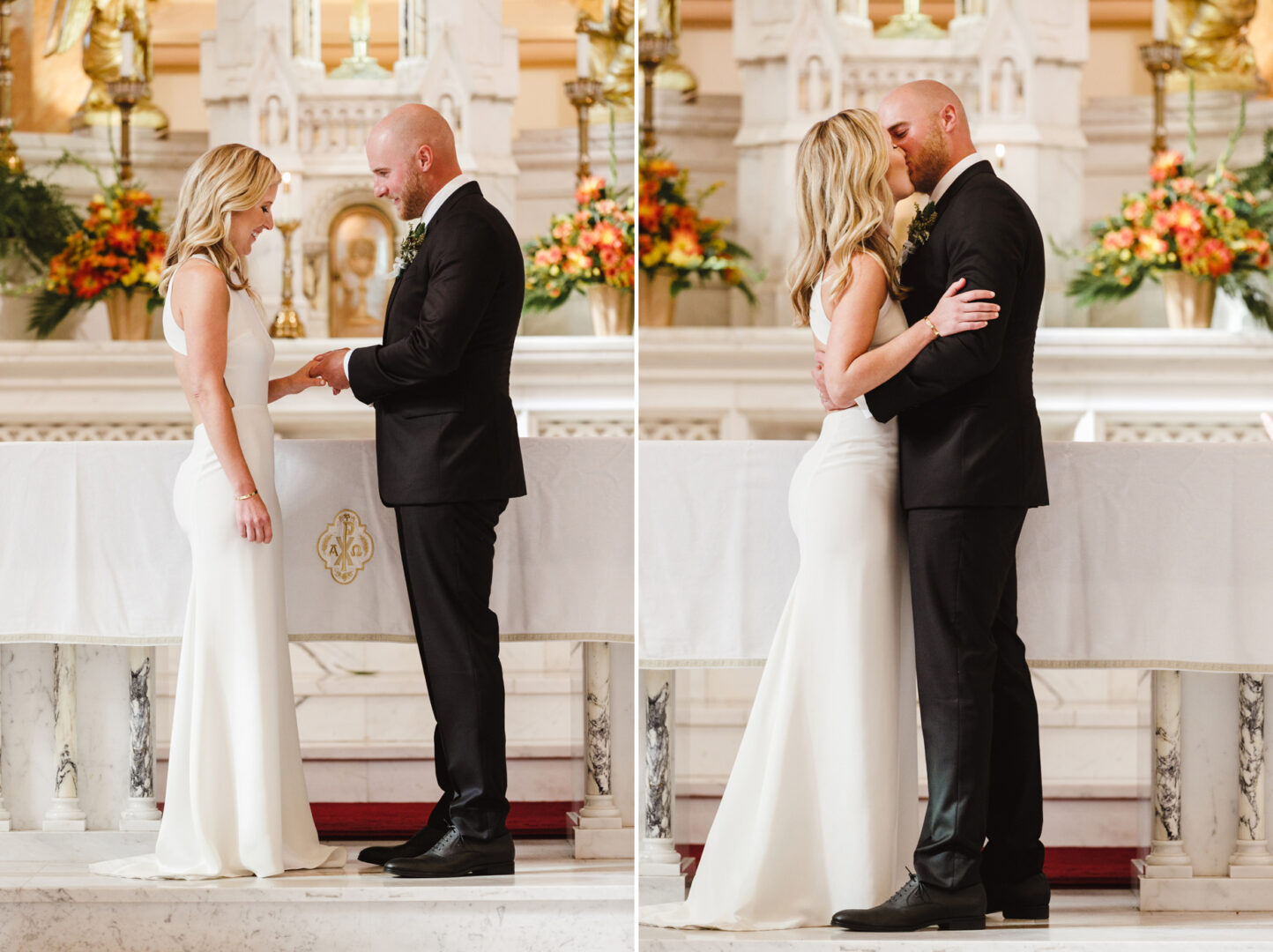In a beautifully decorated church reminiscent of a Congress Hall wedding, the bride and groom exchange rings and share a tender kiss.