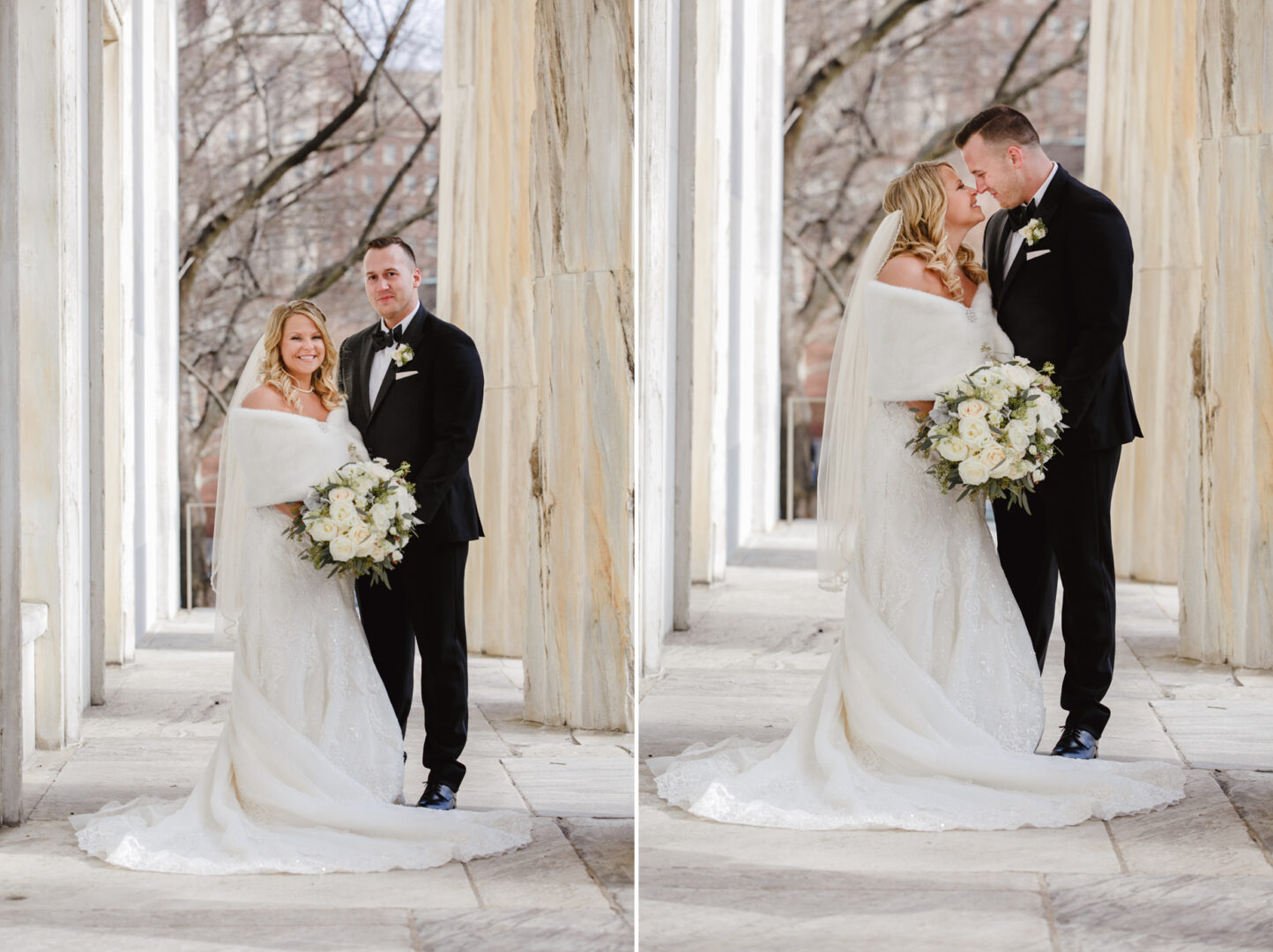 In a quiet corner of the Downtown Club, the bride and groom pose and share a kiss amid the elegant columned walkway. She wears a white gown and holds a bouquet, while he looks dapper in his black suit.
