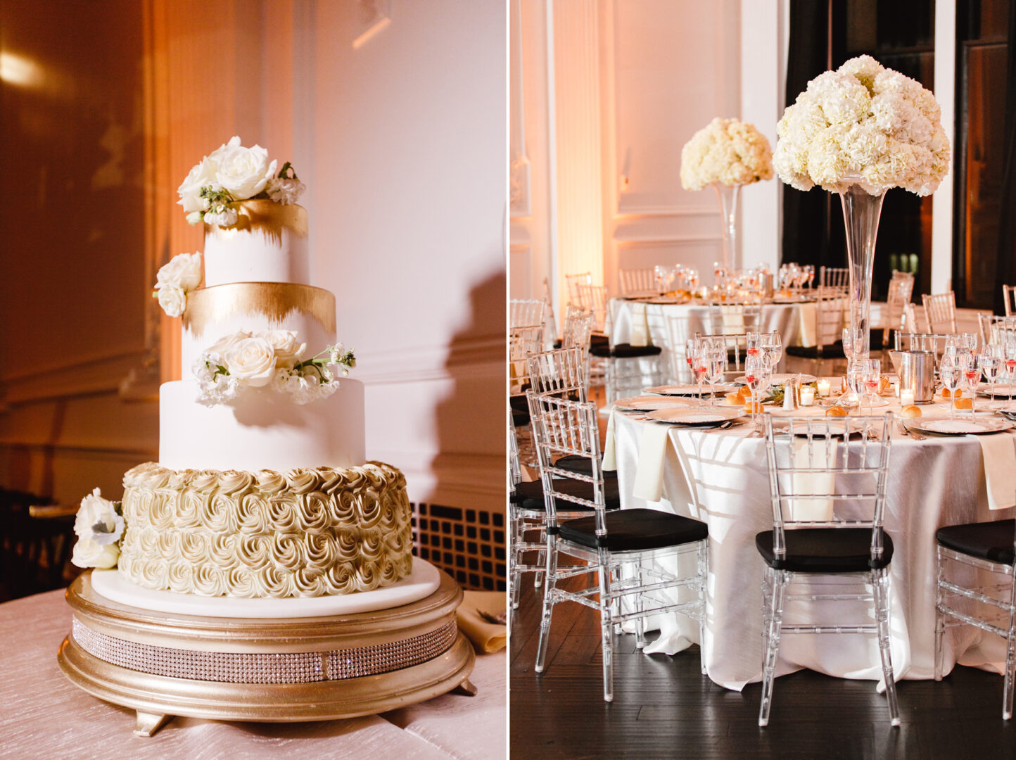 A three-tiered wedding cake with gold accents and white flowers graces the Downtown Club Wedding. The reception boasts a table setup with tall floral centerpieces and transparent chairs, all beautifully arranged in the elegantly decorated hall.