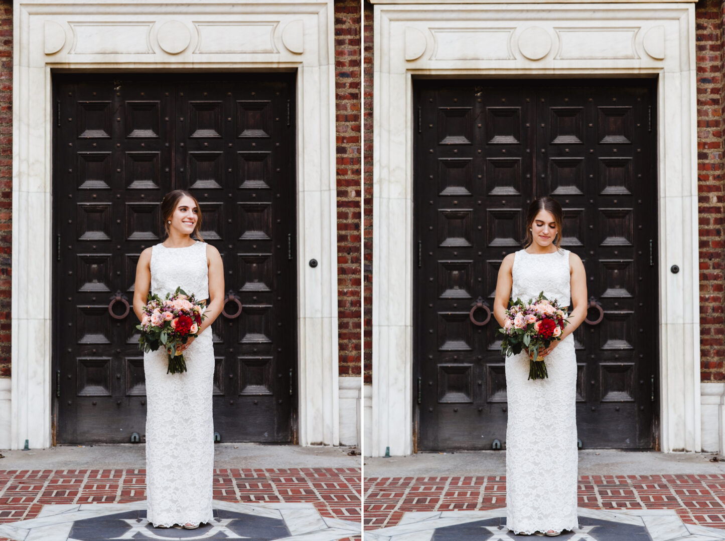 A woman in a white dress holds a bouquet, standing elegantly in front of the large dark wooden door at Penn Museum, surrounded by its historic brick and stone architecture.