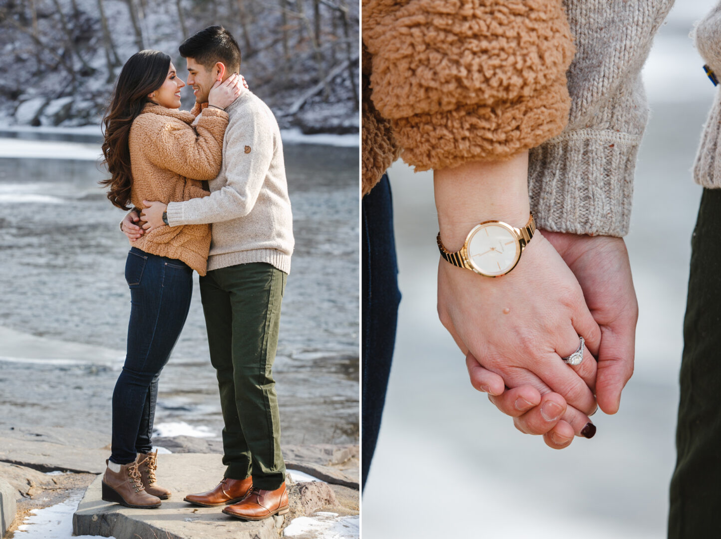 A couple embraces by a snowy river during their New Hope engagement session, wearing cozy winter clothes. The focus shifts to their hands, revealing both a watch and a sparkling engagement ring against the wintry backdrop.