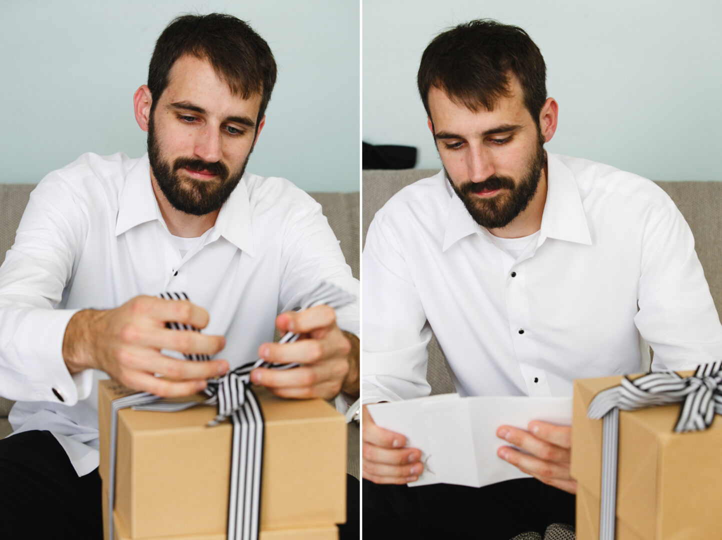 A man in a white shirt sits on a couch, opening a gift box from Willow Creek Winery in the first frame and reading a card in the second.