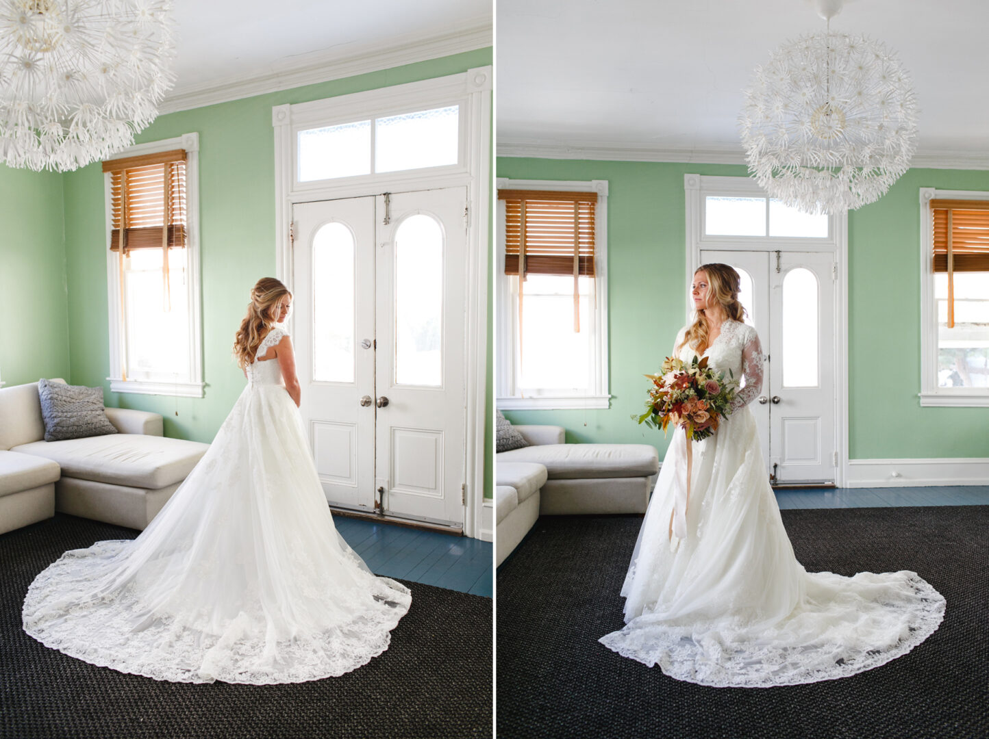 Two images of a bride in a white gown with a long train, standing near a couch in a room with green walls and a white chandelier, holding a bouquet. The ambiance echoes the elegance one might find at Willow Creek Winery.