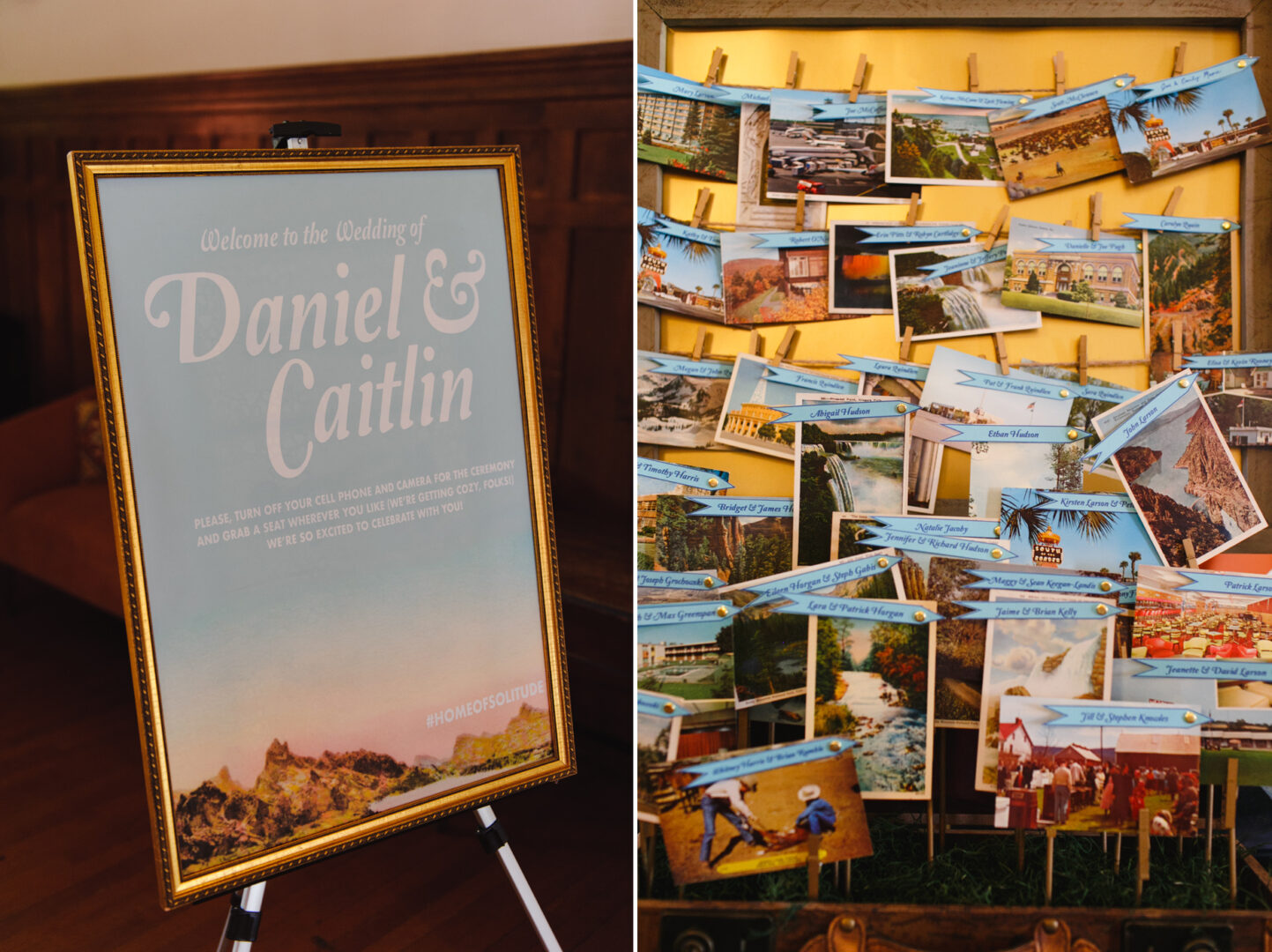 A Baldwin School Wedding sign for Daniel and Caitlin graces an easel beside a charming array of postcards clipped to strings.