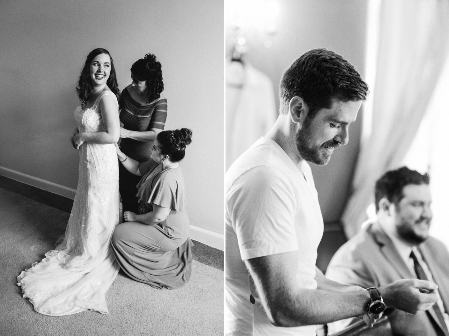 In a charming Baldwin School wedding scene, the bride is gracefully assisted with her dress by two women on the left. On the right, two men are getting ready, one adjusting his watch. The setting exudes elegance with its natural light streaming in softly indoors.