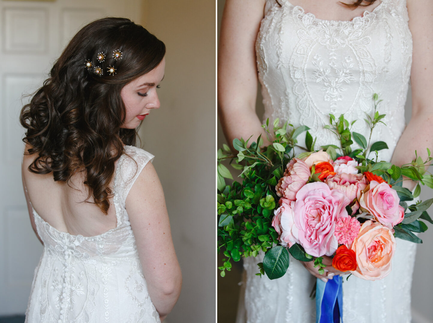 A bride in a white lace dress stands with her back slightly turned at a Baldwin School wedding, hair adorned with a floral pin, holding a vibrant bouquet of pink, orange, and green flowers.