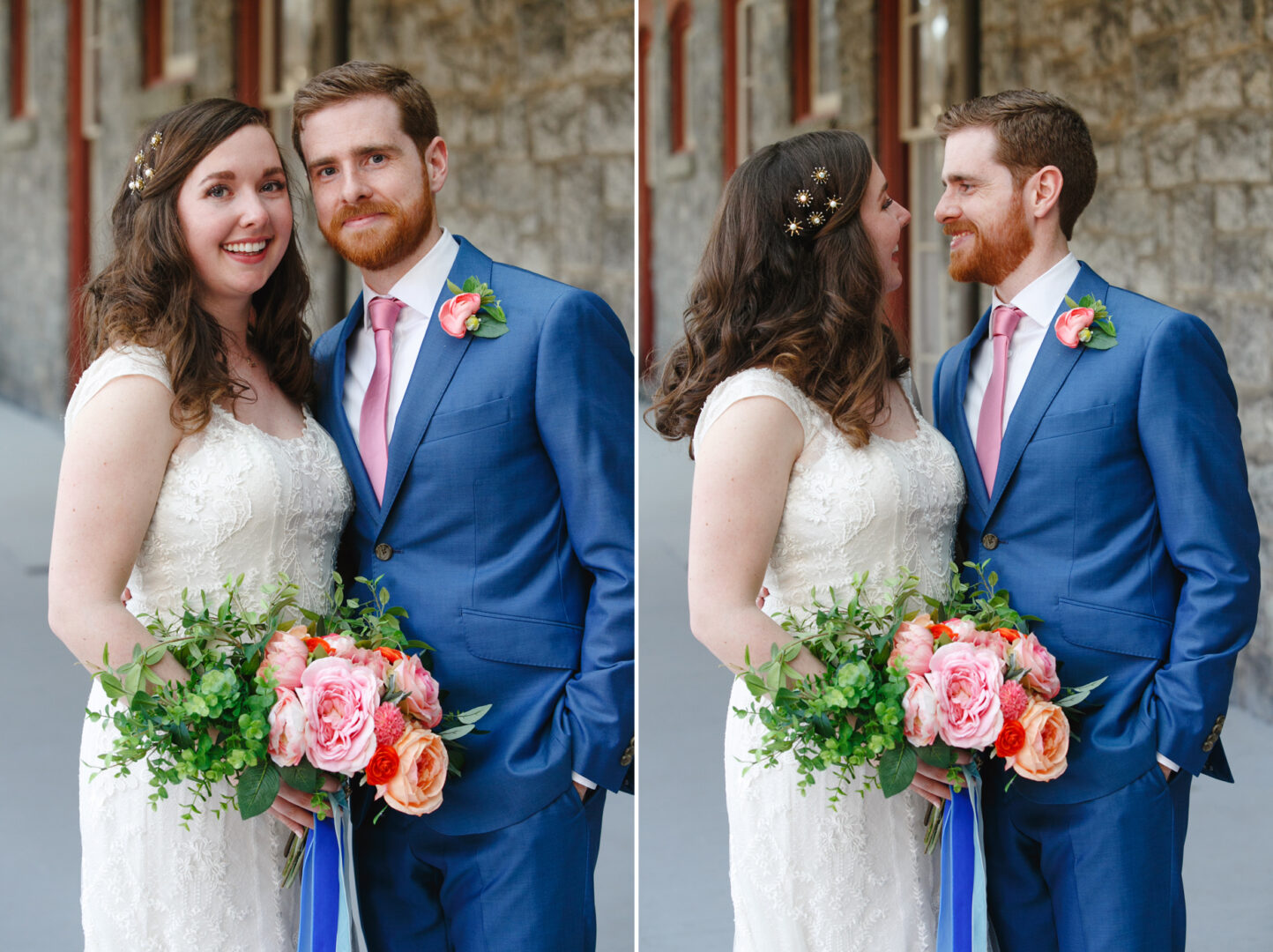 A couple in formal attire stands together at their Baldwin School wedding. The woman holds a bouquet of colorful flowers, contrasting beautifully with the stone wall in the background.