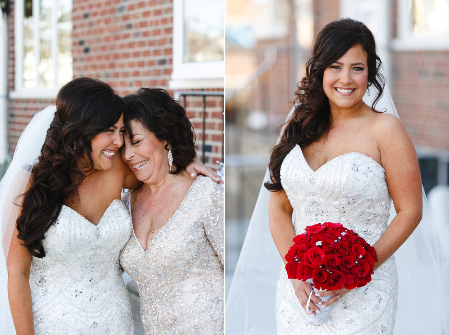 Two images: A smiling bride holding a bouquet of red roses. In the first, she stands affectionately with an older woman, both in elegant white dresses, likely at a Crystal Tea Room wedding. A charming brick wall provides the perfect backdrop.