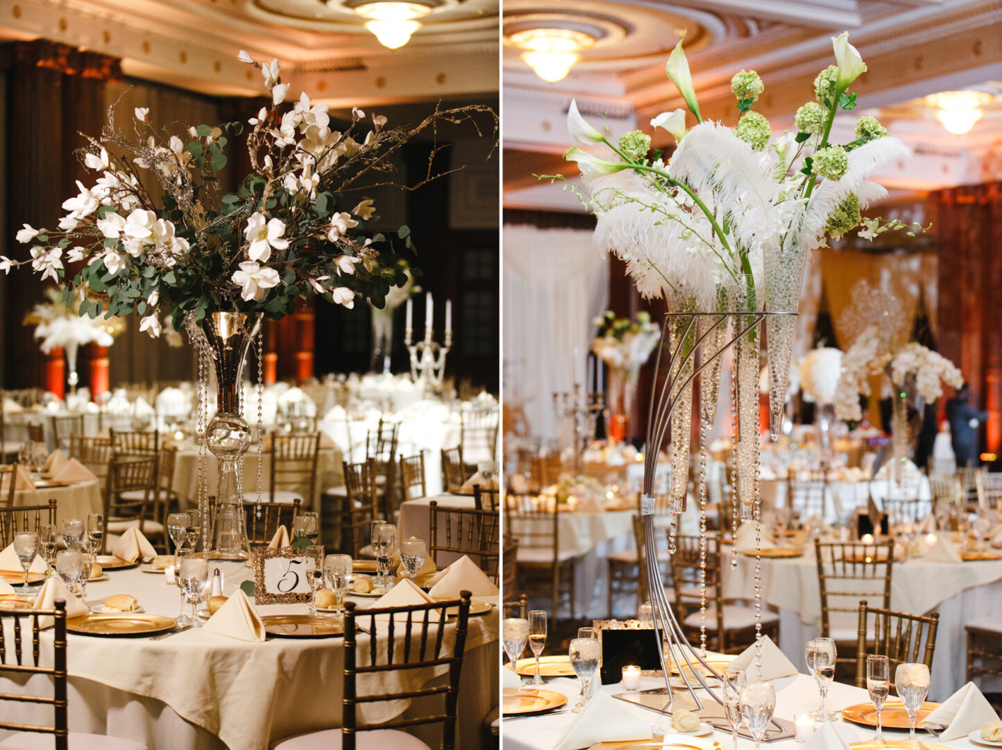 Two opulent wedding table settings adorn the Crystal Tea Room; one showcases tall floral centerpieces with white flowers and branches, while the other displays lush ferns and blooms, all elegantly arranged in the luxurious banquet hall.