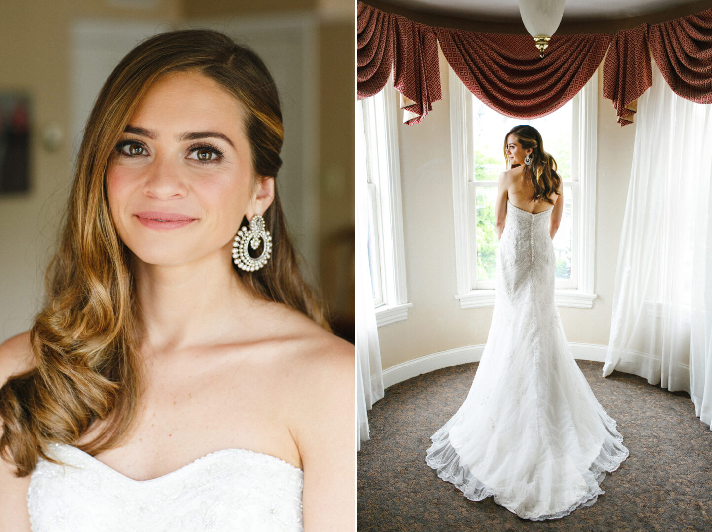 At the Michener Art Museum, a woman in a strapless white wedding dress poses gracefully by a window. In a close-up, she smiles warmly, her long hair cascading down, accentuated by ornate earrings.
