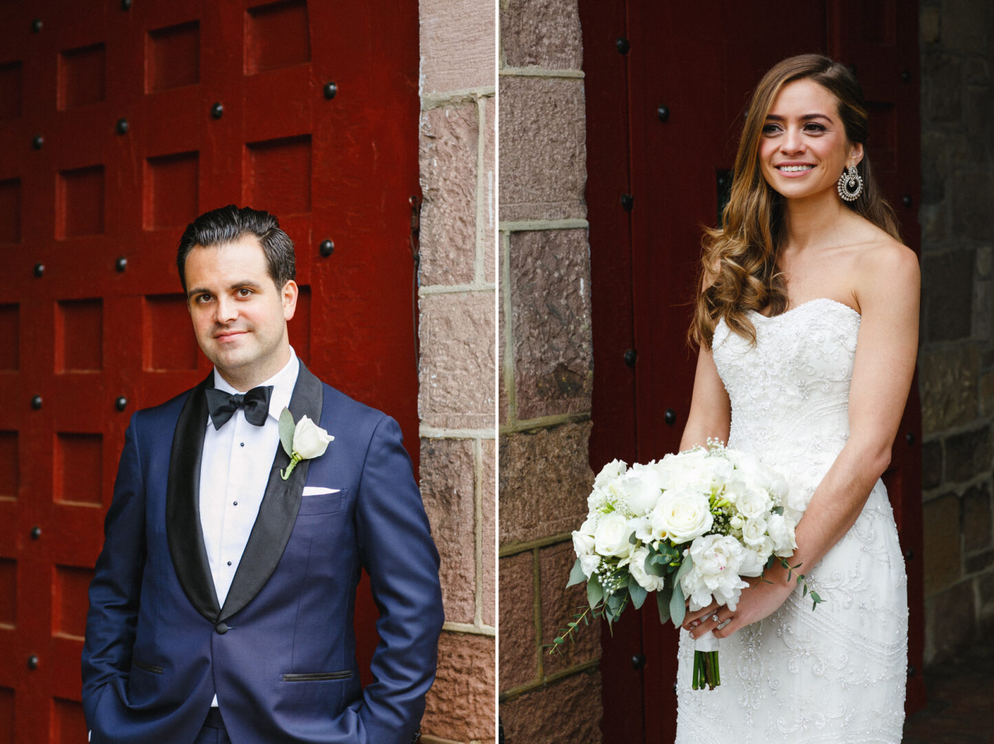 A bride and groom stand separately in formal wedding attire at the Michener Art Museum Wedding. The groom wears a blue tuxedo, while the bride, holding a bouquet of white flowers, poses elegantly against a stone and red door backdrop.