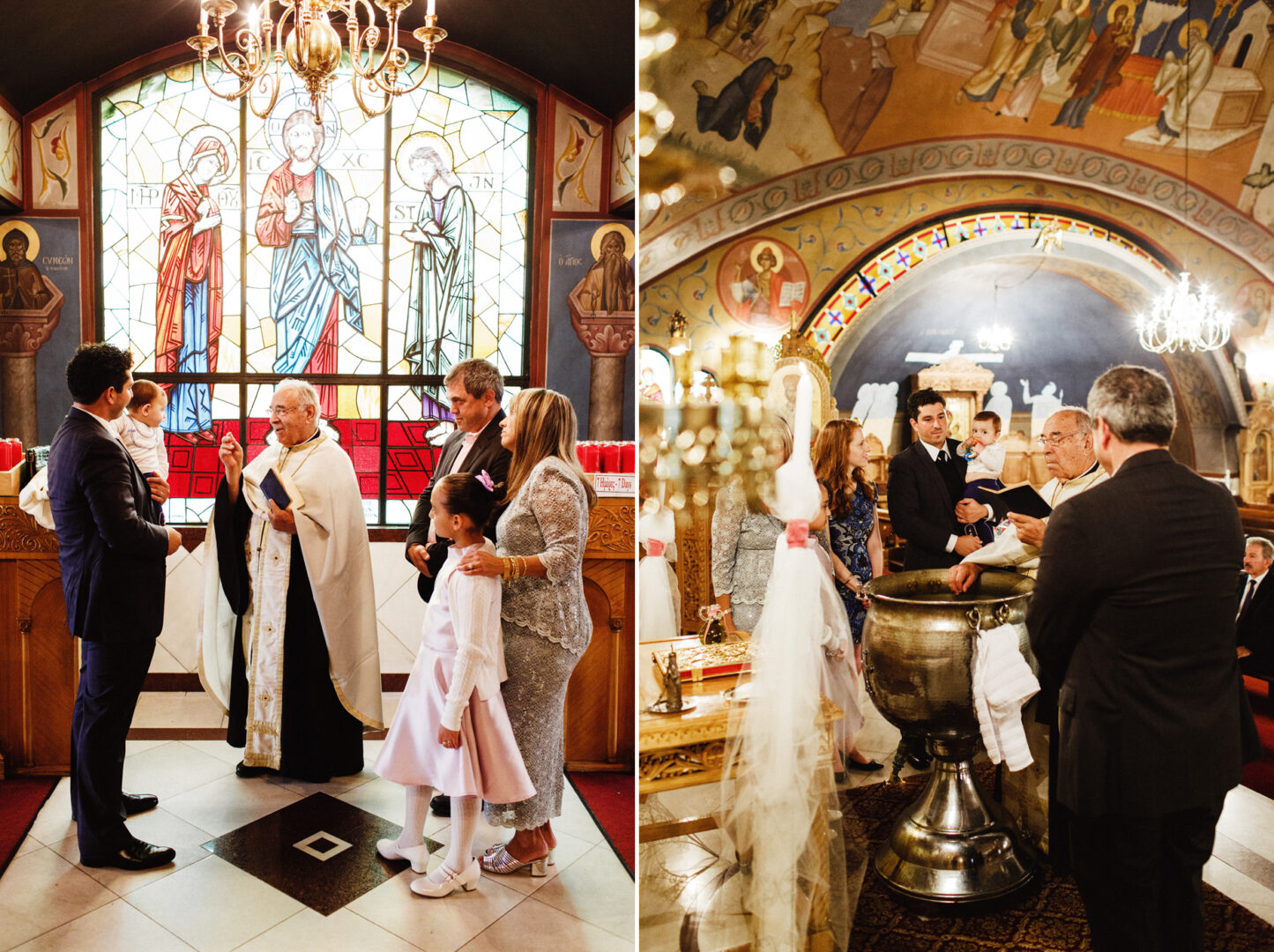 At a New York City baptism, with stained glass windows casting colorful hues, people gather around a priest performing the ritual beside a large baptismal font. A child in a white dress is the centerpiece of these cherished photos capturing the sacred moment.