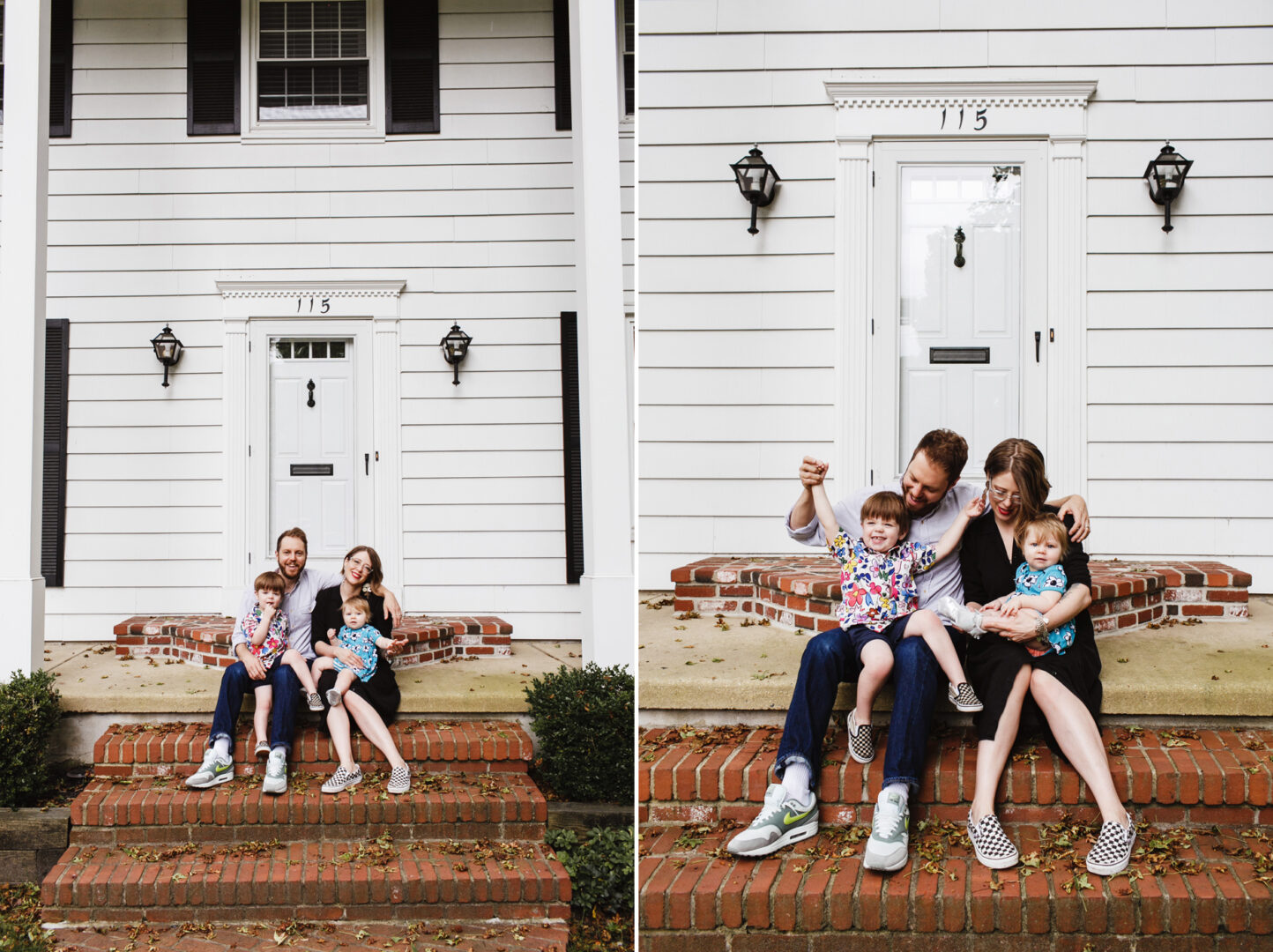 Two photos capture a Philadelphia family sitting on brick steps in front of a white house. The group, consisting of two adults and two children, gathers warmly beneath the house number 115 displayed above their door.