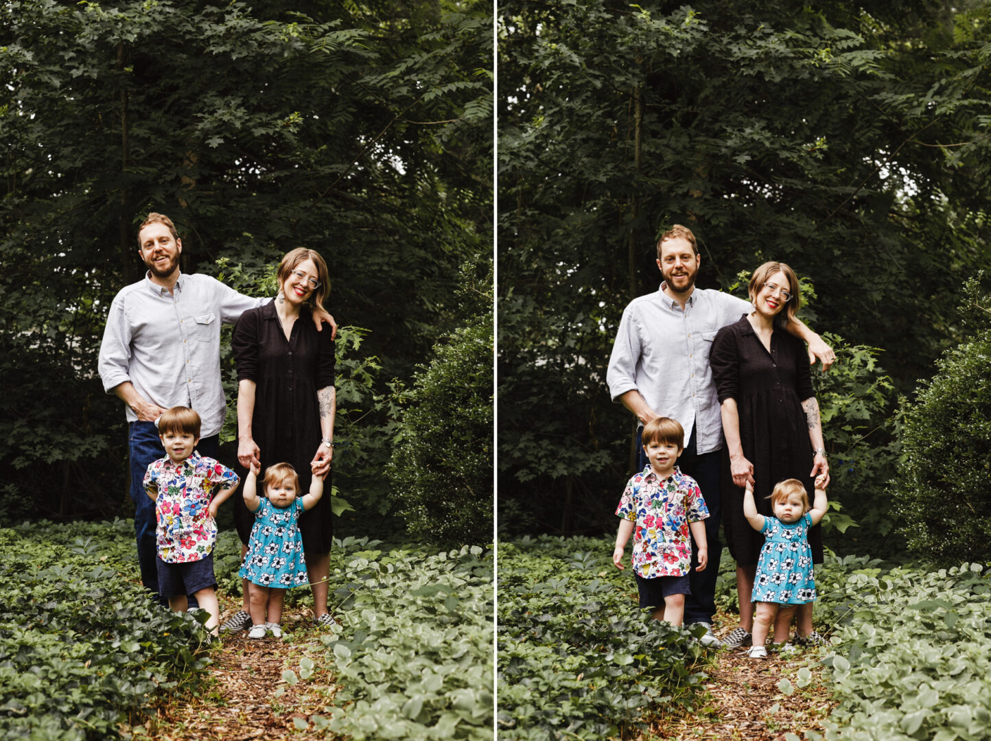 A Philadelphia family of four stands outdoors, surrounded by lush greenery. The children hold hands, and all face the camera, smiling warmly amidst the foliage.