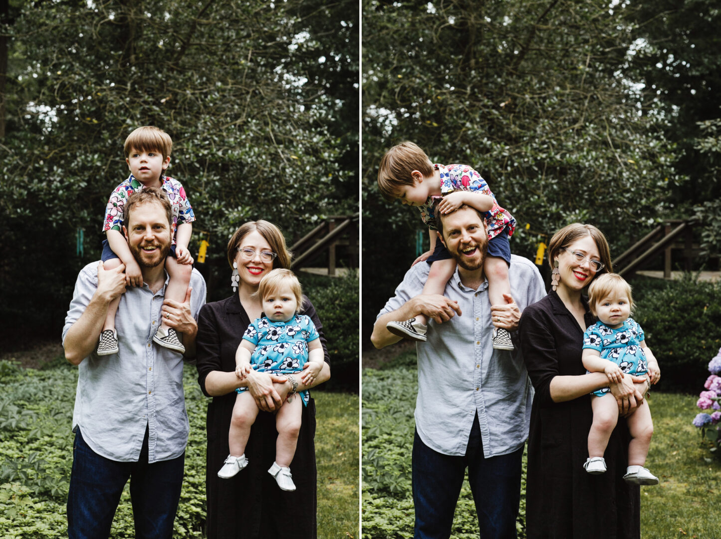 A Philadelphia family of four poses outdoors in a lush garden. The father holds a child on his shoulders, while the mother stands beside him with another child. Trees and greenery create the perfect backdrop for this charming family photo.