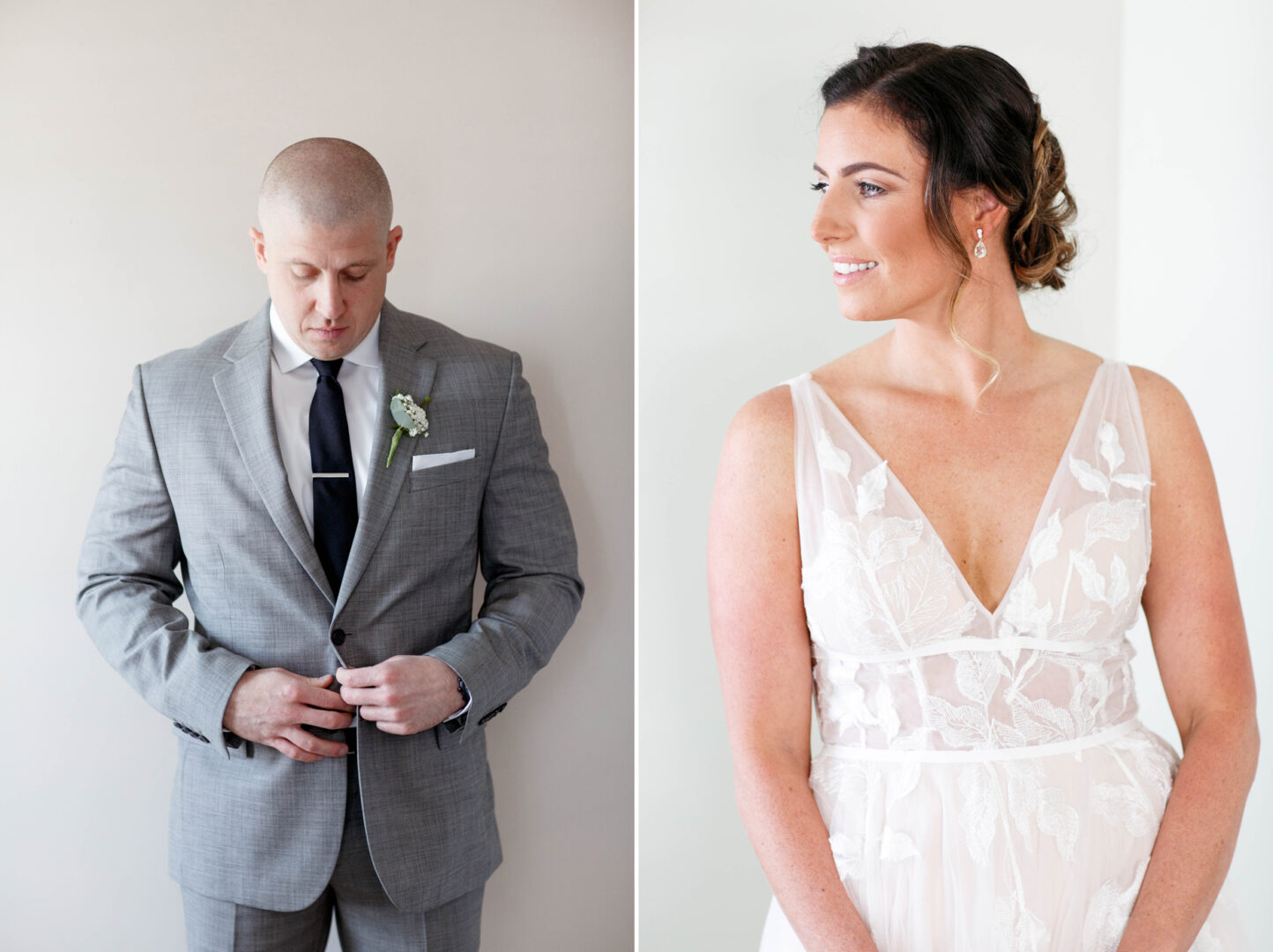 Man in a gray suit adjusts his button; woman in a white dress smiles looking to the side, as if envisioning a stroll down Seaport Pier, both against a plain background.