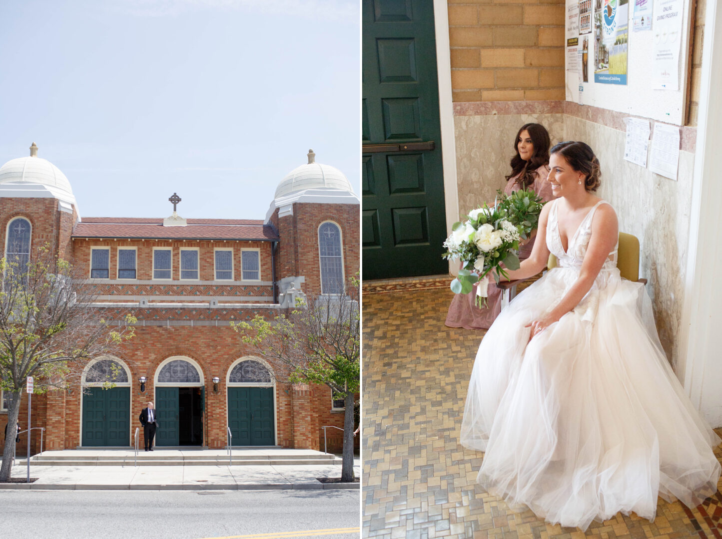 Left: The majestic exterior of a brick church with domes hints at timeless elegance. Right: A bride in a white dress sits indoors, her bouquet a vibrant contrast, with another woman seated behind. Nearby, the sounds of Seaport Pier add a harmonious backdrop to this serene moment.