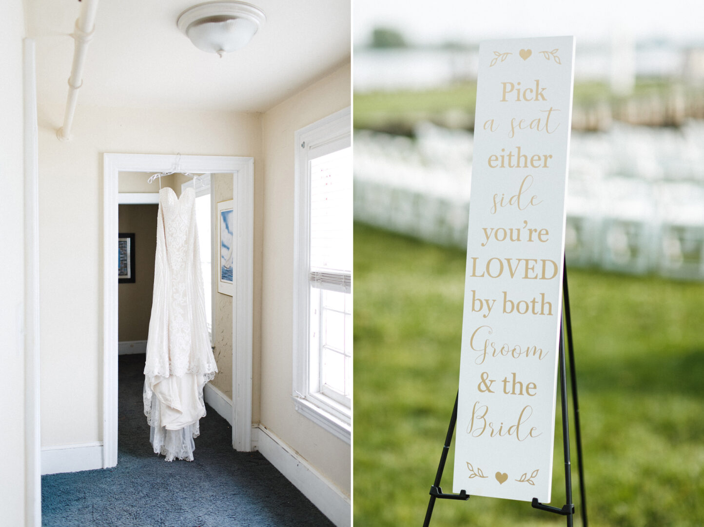 A wedding dress hangs indoors at the Corinthian Yacht Club of Philadelphia. A sign outside reads, "Pick a seat either side you're LOVED by both Groom & the Bride" near rows of white chairs.