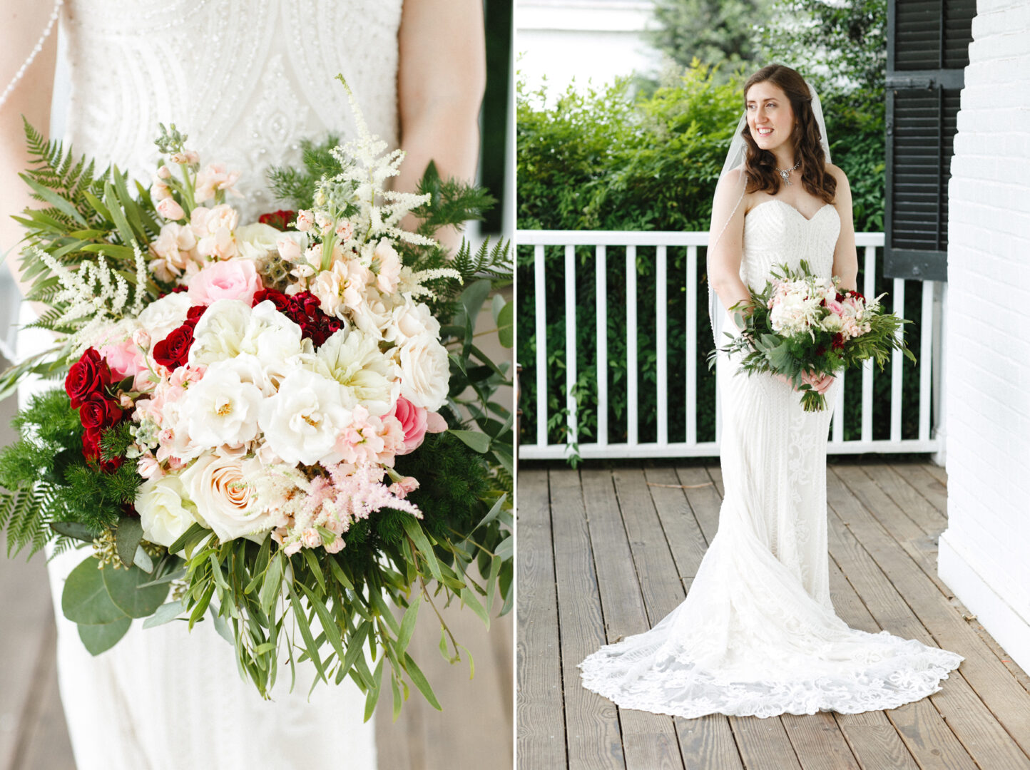 Bride in a white lace gown holding a bouquet of white, pink, and red flowers with greenery stands on a wooden porch with white railings at the Corinthian Yacht Club of Philadelphia.