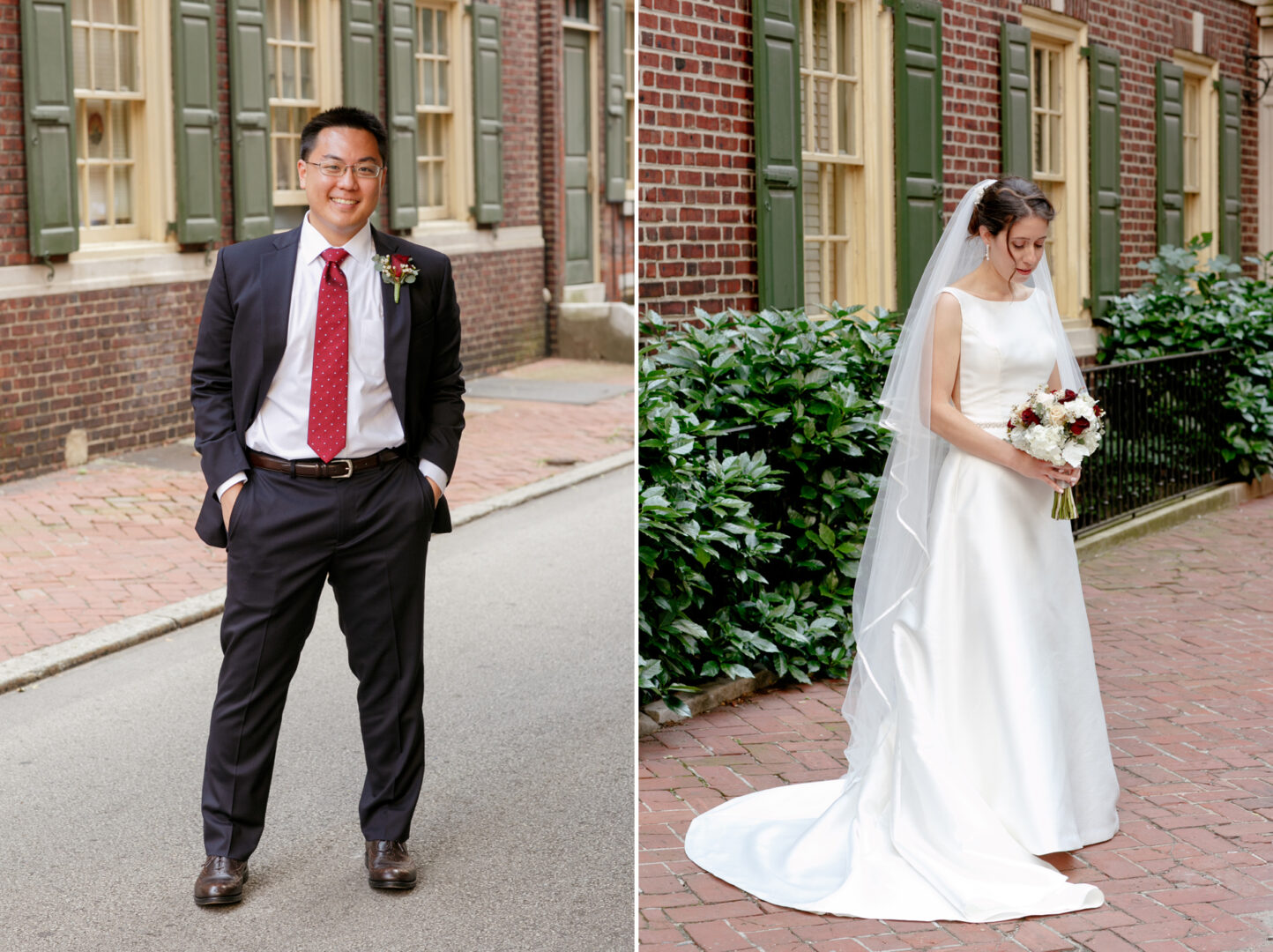 On the left, a man in a dark suit stands on a street. On the right, a woman in a white wedding dress and veil holds a bouquet on a brick path, reminiscent of an elegant Colonial Dames wedding.