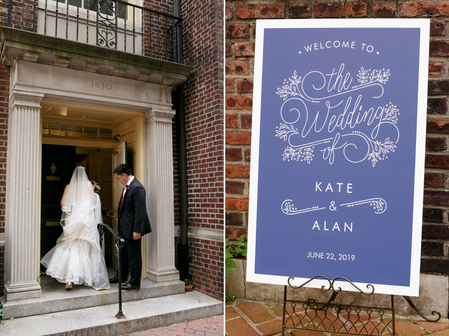 A bride and groom enter the elegant Colonial Dames venue. A sign reads, "Welcome to the Wedding of Kate & Alan, June 22, 2019.