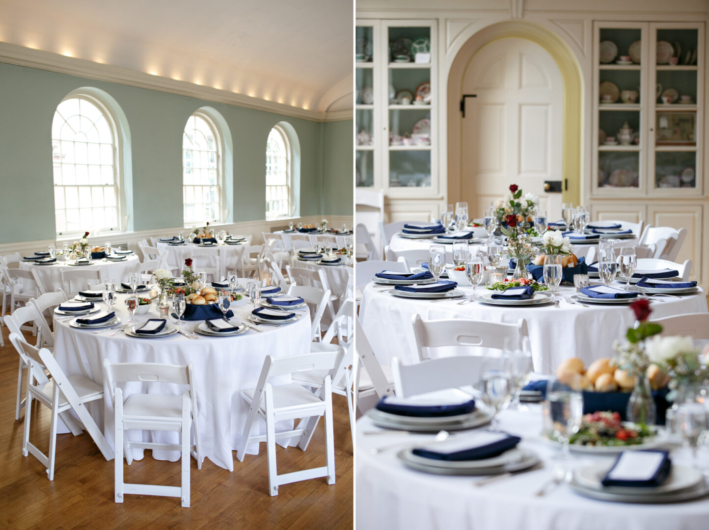 Experience an elegant Colonial Dames wedding in a light-filled room, featuring round tables adorned with white tablecloths, navy napkins, and floral centerpieces. White chairs are gracefully arranged around each table, creating an ambiance of timeless charm and sophistication.